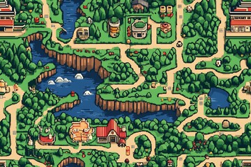 Obraz premium Cartoon seamless pattern of a fantasy village with river and forest background