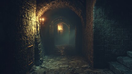 Obraz premium Mysterious Dungeon Discovery: Hidden Passageway and Glowing Runes in 3D Rendered Scene