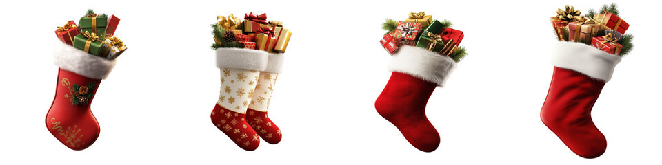 Set of a Christmas stocking filled with gifts, isolated on a transparent background.