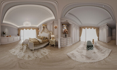 360 degrees view of vintage hotel room with fireplace, 3d render