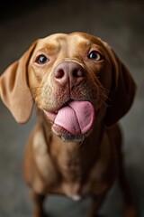 A funny and cute dog, looks at one point, often licking its face with its tongue. 