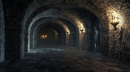 Eerie Dungeon of Mysteries: 3D Render with Dark Alcoves and Ominous Artifacts