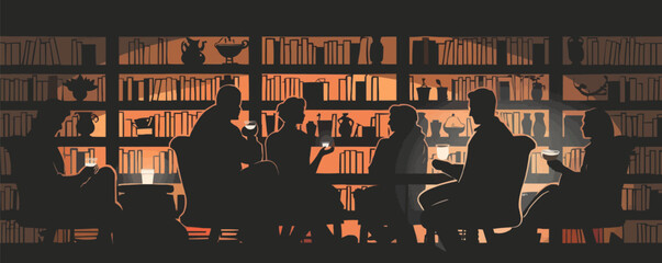 Book club, readers, bookshelves, and cozy settings, literary silhouettes, black silhouette, vector illustration, flat style.