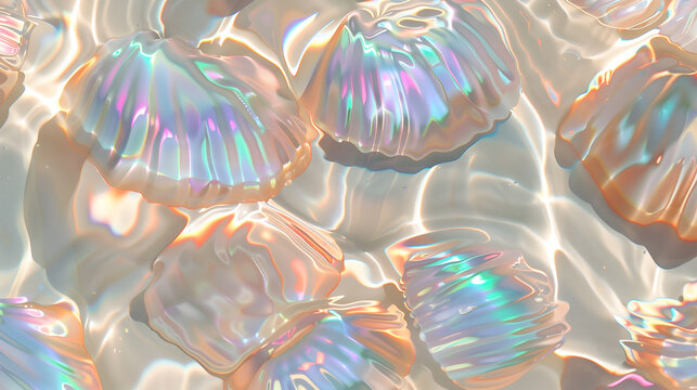 Vibrant opal texture background featuring iridescent shells in soft, flowing water on a sunny day