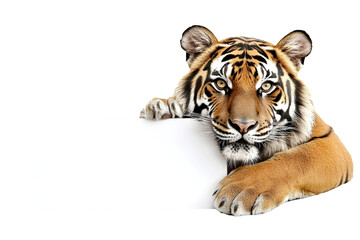Obraz premium Tiger Holding Blank Signboard on Dark Background