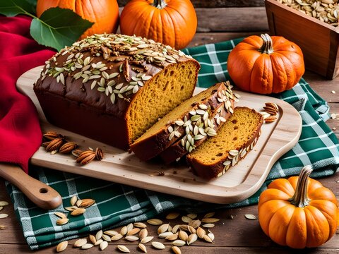 Delicious homebaked pumpkin bread sprinkled with pumpkin seeds, set on a cozy table.