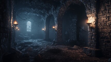 Obraz premium Enigmatic Dark Fantasy Dungeon with Intricate Stone Walls and Flickering Torches