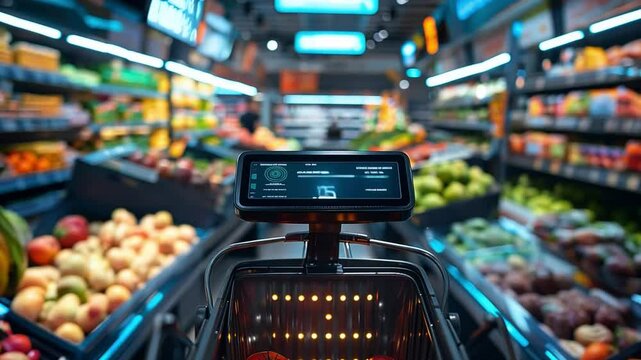 Customers navigate the aisles of a grocery store filled with colorful fruits and vegetables, while a digital checkout display is prominently featured.