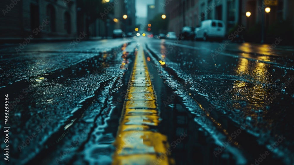 Poster a wet and slippery road with a bright yellow line in the middle, perfect for use in illustrations or