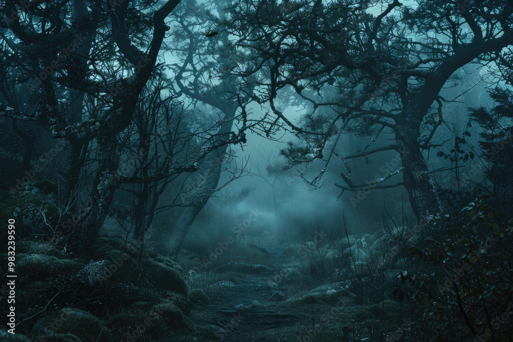 Poster A dense forest with many tall trees