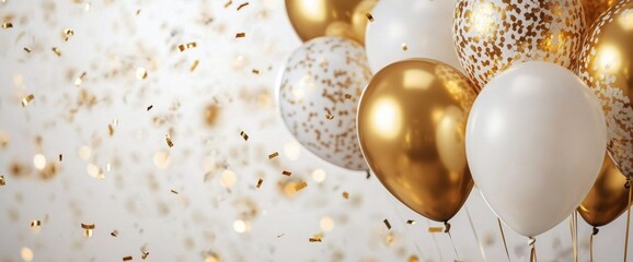 Celebrate with golden and white balloons surrounded by sparkling confetti at a festive event