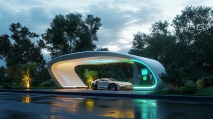 Obraz premium Futuristic Electric Car Charging Station in Urban Landscape