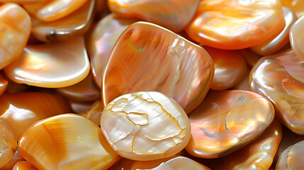 Various iridescent pearls lay against a soft background, showcasing their unique textures and colors
