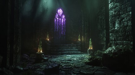 Enigmatic Dark Fantasy Dungeon with Glowing Crystals and Mysterious Altar