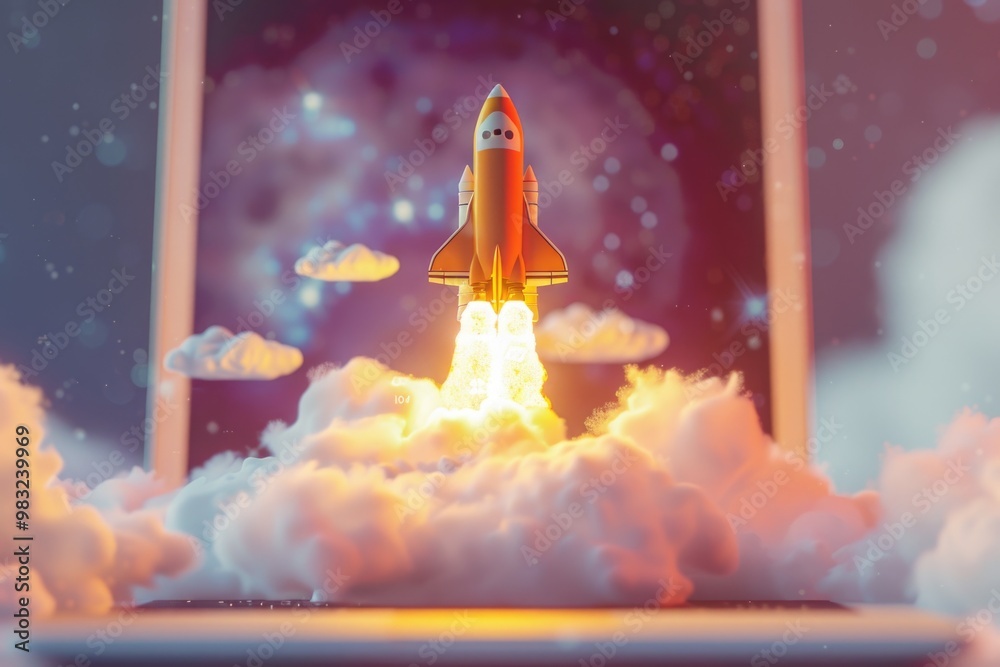 Poster a laptop computer surrounded by smoke and flames as a rocket takes off in the background, possibly u