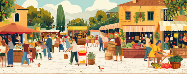 Charming village market scene with various stalls and bustling activity, flat, vector illustration, Vintage hand drawn.