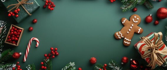 Christmas decorations with gift box on green background. 3d rendering