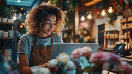 Obraz premium A person typing away on her laptop amidst a backdrop of colorful flowers, suitable for a small business or creative workspace image