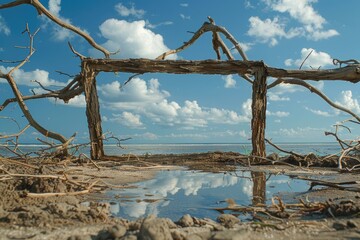 Naklejka premium A wooden frame sits on the sandy beach, ideal for displaying coastal-themed decorations