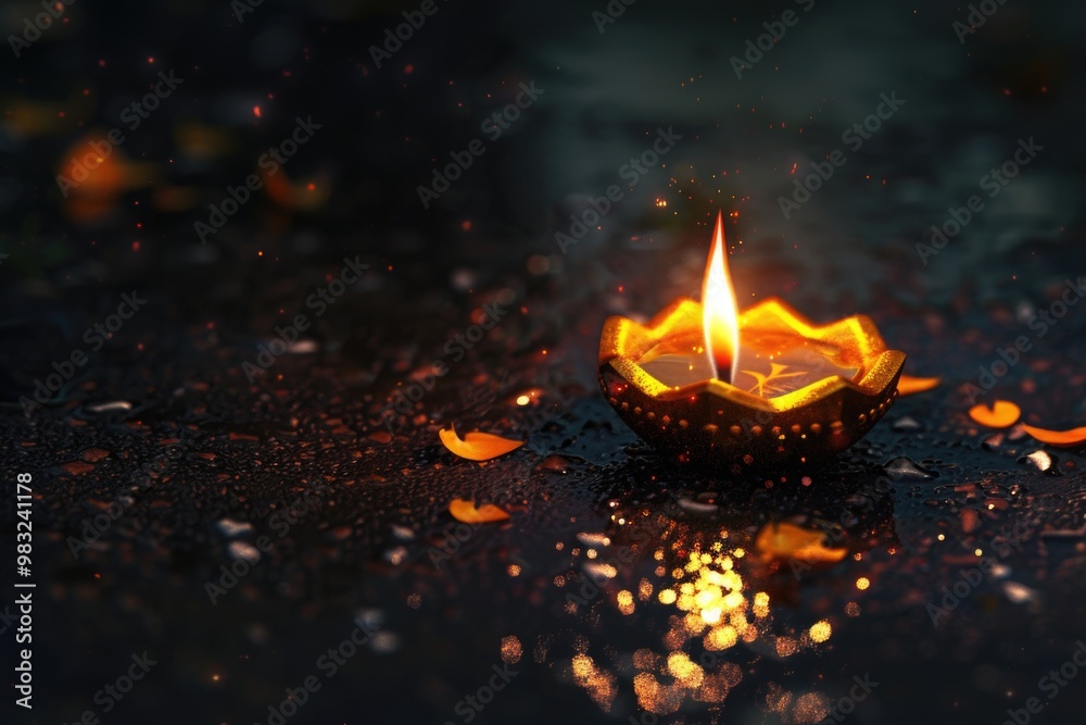 Poster a single lit candle placed on a wet surface, ideal for use in photography or art projects