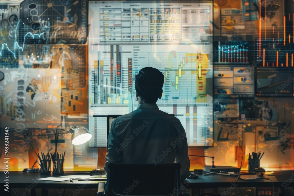 Poster a person sits at a desk with a computer, focusing on his work