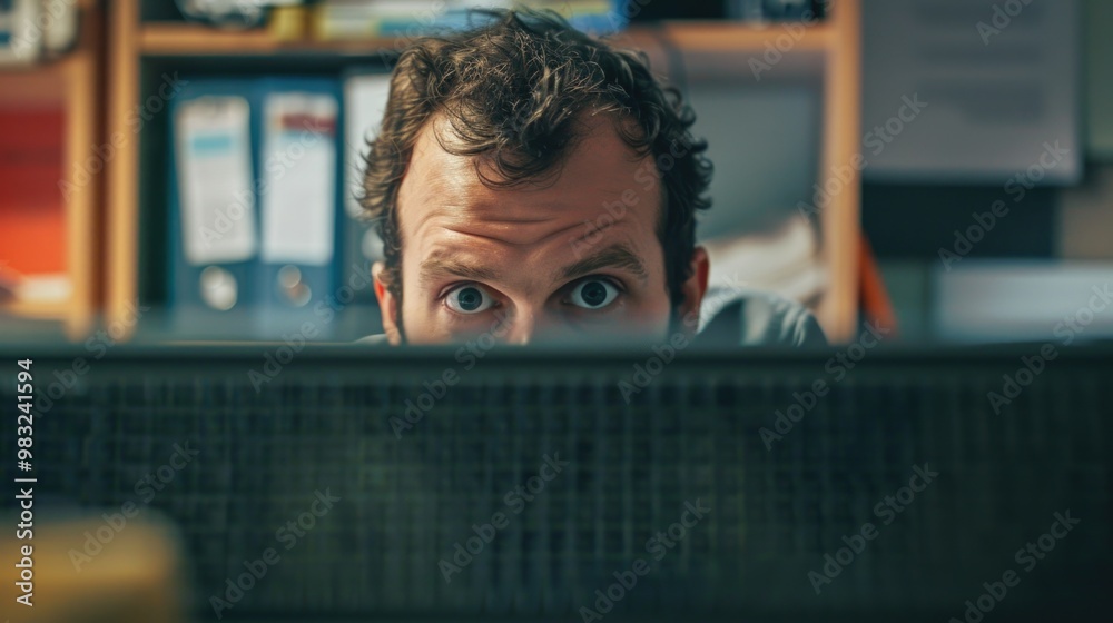 Aufkleber A person looks shocked while viewing information on a computer monitor