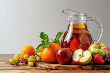 A pitcher filled with fresh fruit sits on a wooden table, perfect for a snack or centerpiece