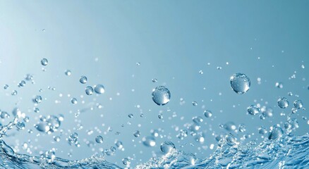 Translucent water droplets create a serene background with shimmering highlights in blue tones