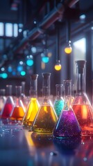 Laboratory Equipment Holding Colorful Chemical Solutions for Research neon color picture