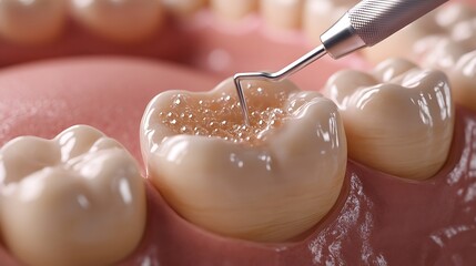 Close up of a dental tool examining a tooth with a cavity