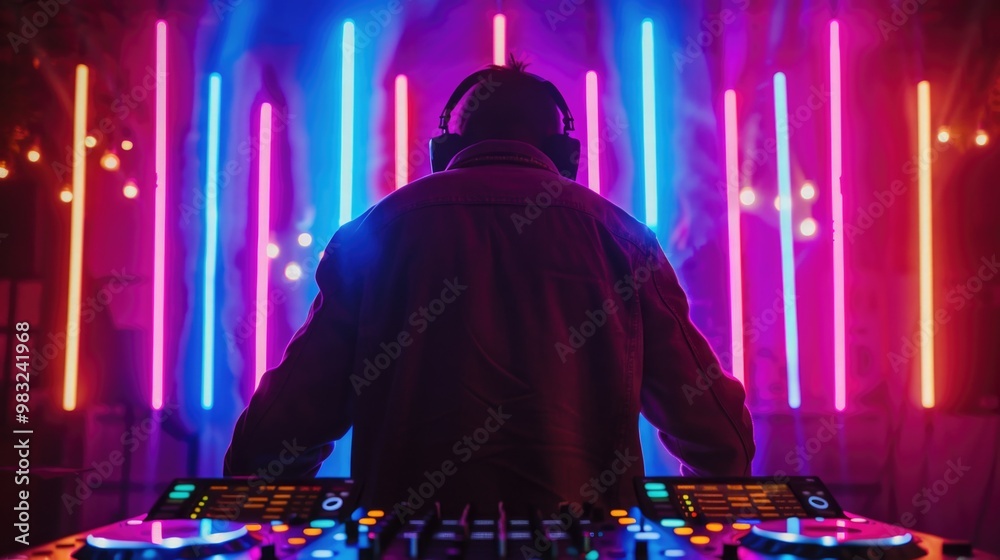 Poster man operating dj equipment at a party or event