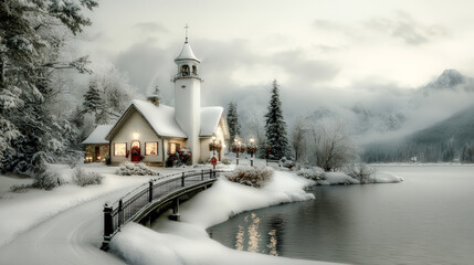 Nordic Winter Wonderland in the Mist A Serene Oil Painting Depicting a Snow-Covered Cottage Bare Trees  and a Lamp Post Shrouded in Fog Capturing the Tranquility of a Quiet Winter Day