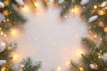 Festive winter holidays with snow, green branches, and glowing lights creating a cozy atmosphere
