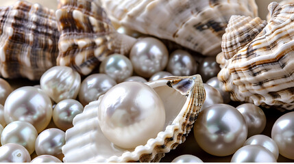 Elegantly arranged pearls and shells on a soft pearl background creating a serene marine display