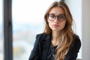 A woman wearing glasses sits in front of a window, looking outside