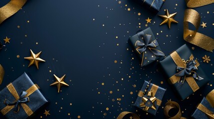 illustration of blue gifts with golden bows and ribbons placed on blue background near stars