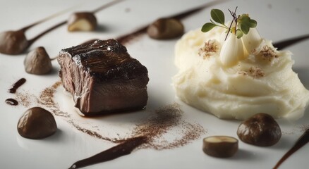 Beef tenderloin with roasted mushrooms on creamy mashed potatoes at a gourmet restaurant