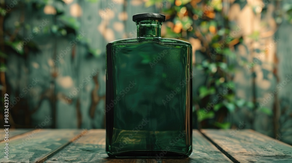 Poster a single green glass bottle placed on a wooden table with a simple and elegant design