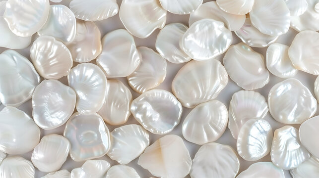 A close-up view of beautiful pearl shell pieces on a soft background displaying their luster
