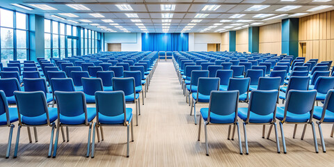 Obraz premium Empty conference hall with blue chairs Rear view