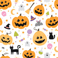 Cute Halloween seamless pattern. Background design. Vector illustration