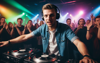 Electrifying DJ Performance Under Spotlight with Excited Crowd