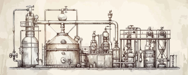 Obraz premium Alcohol ethanol production, distillery. Vintage distillation apparatus sketch. vector simple illustration