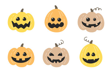 Set with Halloween pumpkin lanterns isolated on white background. Vector illustration