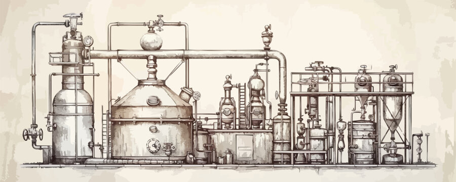 Alcohol ethanol production, distillery. Vintage distillation apparatus sketch. vector simple illustration