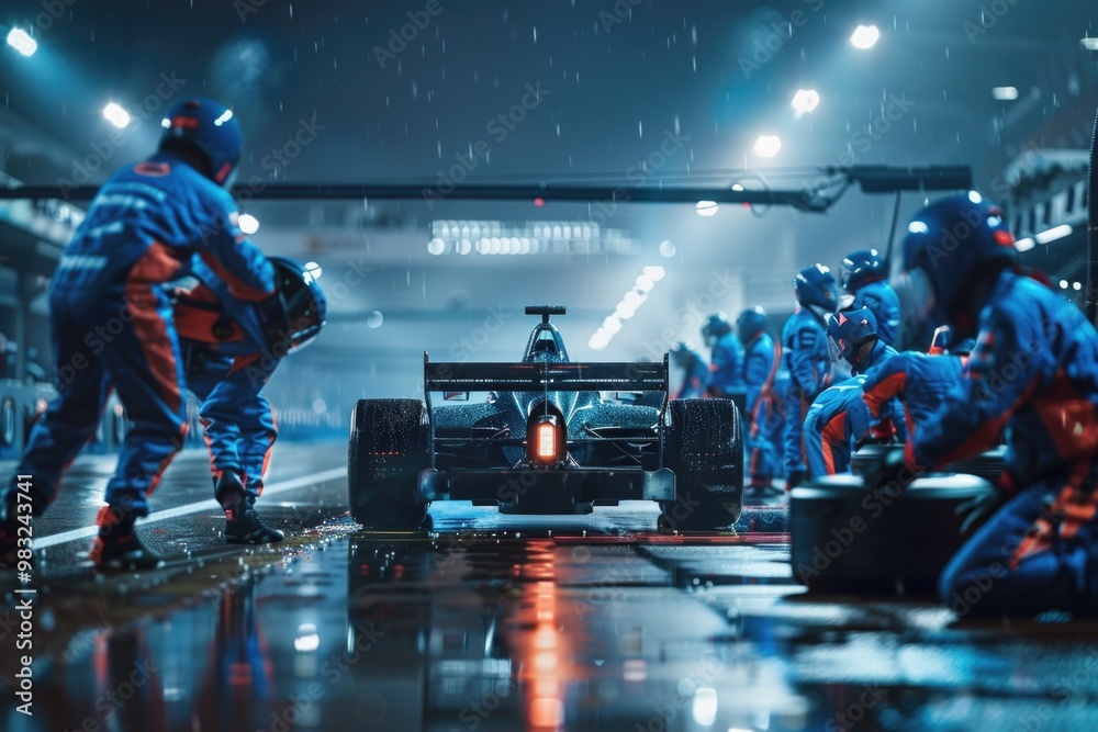 Wall mural a group of mechanics working together to tune up and prepare a high-performance racing car for compe