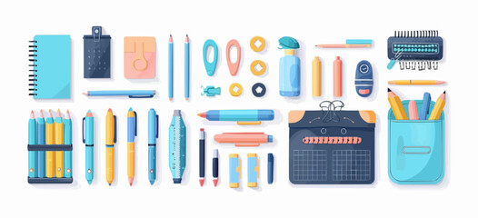 Stationery supplies on a plain white backdrop. Vector flat isolated illustration.