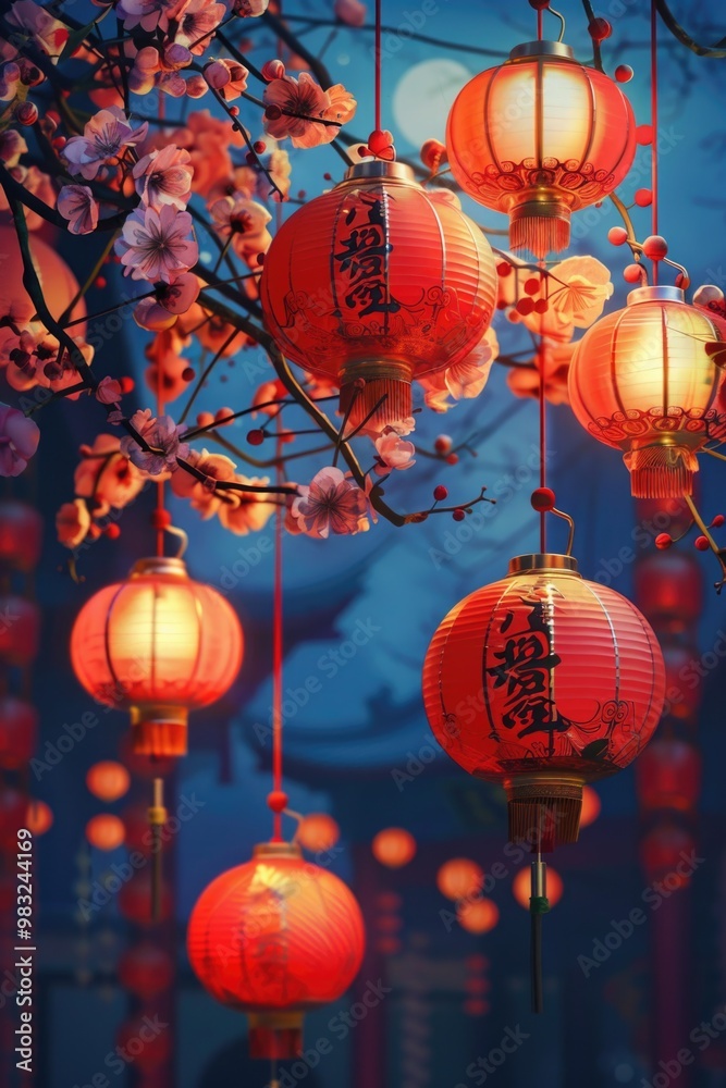 Aufkleber A bunch of red lanterns suspended from a tree branch, creating a warm and cozy atmosphere