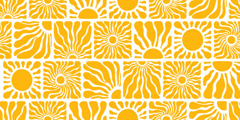 Sun groovy seamless pattern. Various yellow floral hippie square elements, hand drawn abstract wavy pattern in modern retro Matisse style. Vector illustration isolated on transparent background