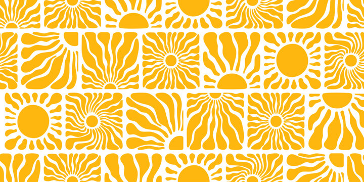 Sun groovy seamless pattern. Various yellow floral hippie square elements, hand drawn abstract wavy pattern in modern retro Matisse style. Vector illustration isolated on transparent background